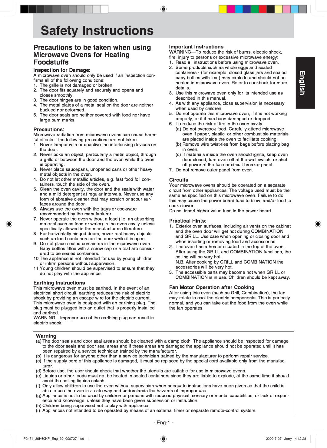 Panasonic NN-GD579S Safety Instructions, English, Inspection for Damage, Precautions, Earthing Instructions, Circuits 