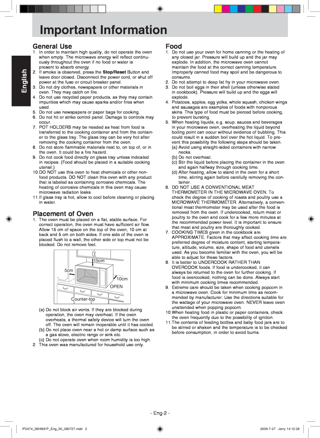 Panasonic NN-GD579S manual Important Information, General Use, Placement of Oven, Food, English, Eng-2 