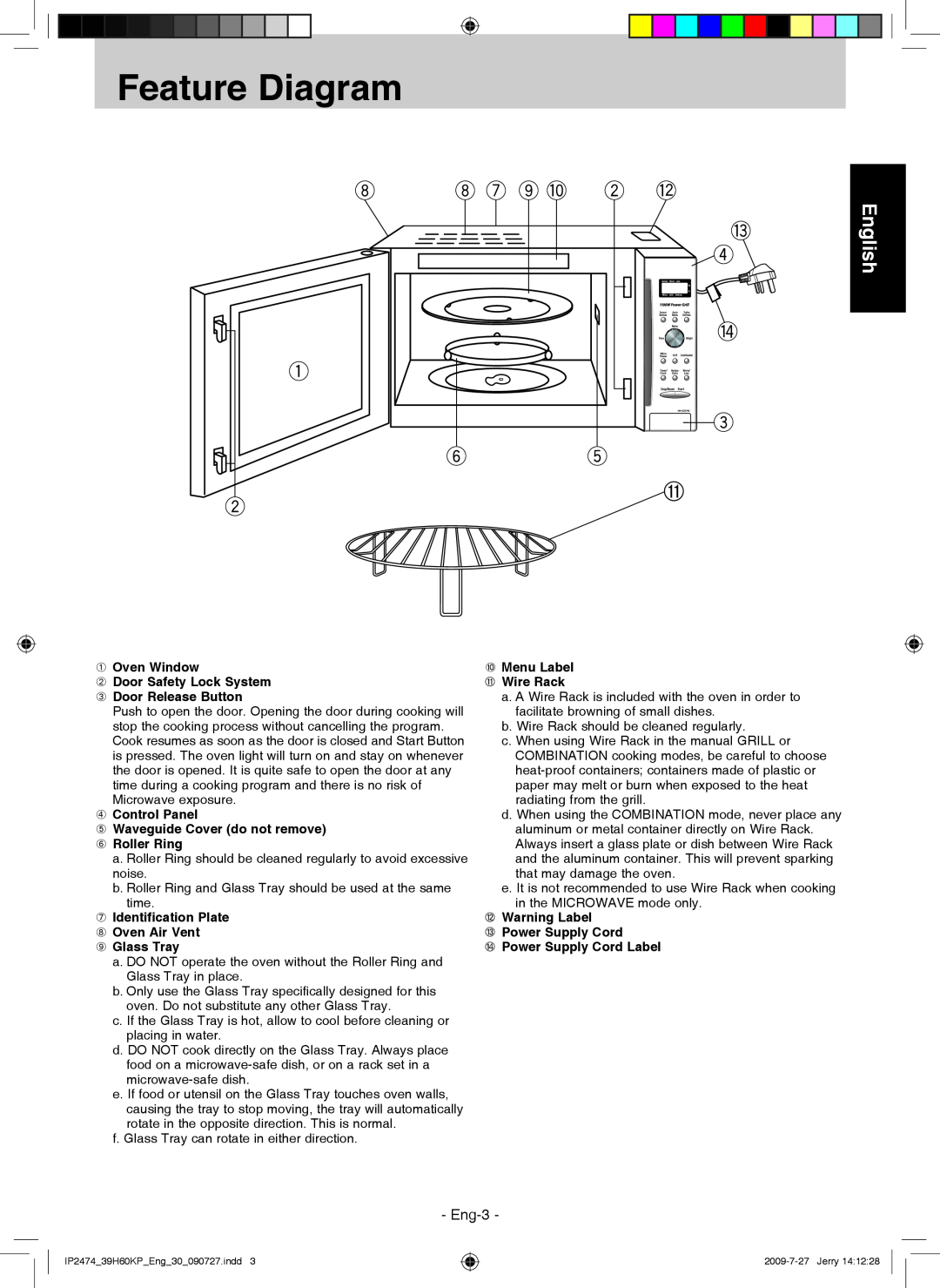 Panasonic NN-GD579S Feature Diagram, English, Eng-3,  Oven Window, • Identification Plate – Oven Air Vent — Glass Tray 