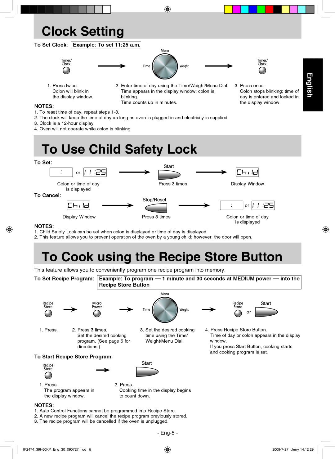 Panasonic NN-GD579S Clock Setting, To Use Child Safety Lock, To Cook using the Recipe Store Button, English, To Set, Eng-5 