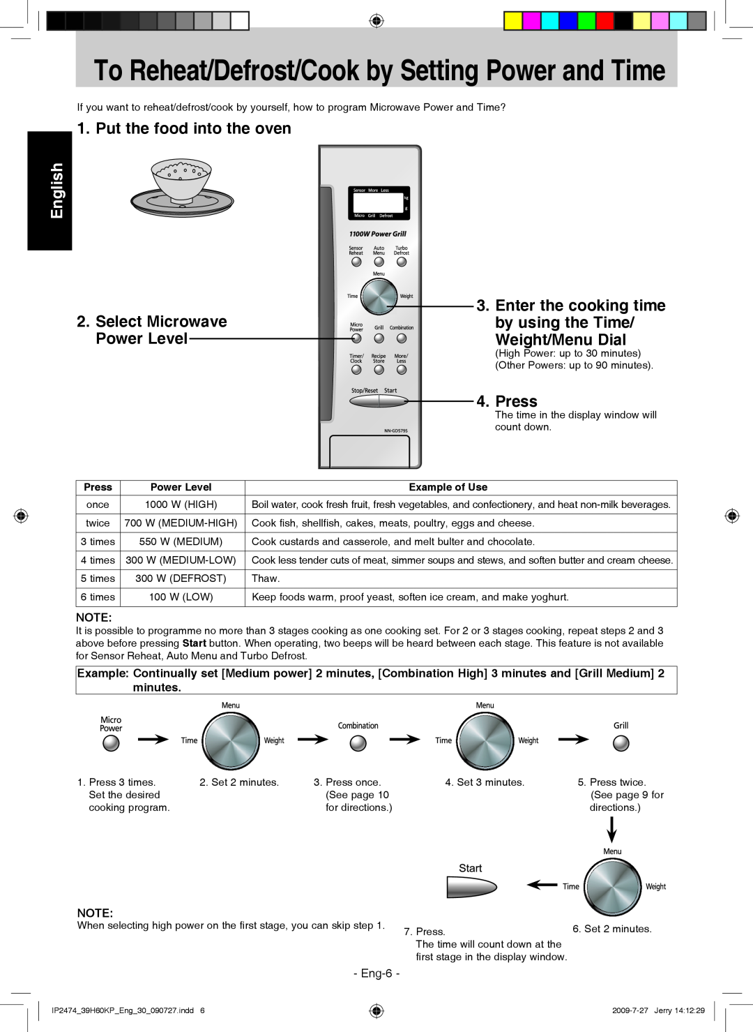 Panasonic NN-GD579S manual Put the food into the oven, Select Microwave Power Level, Press, English, Eng-6, Example of Use 