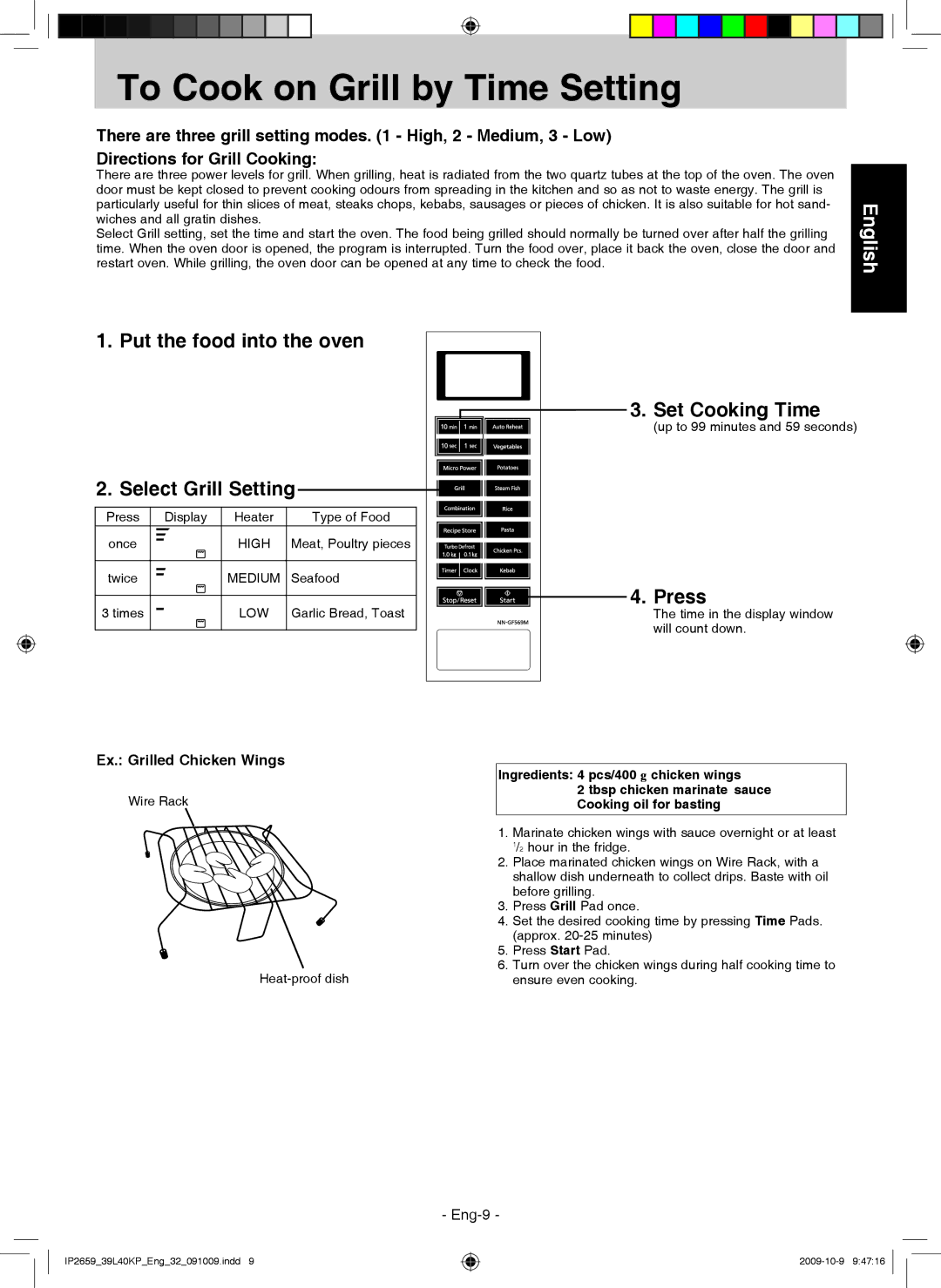 Panasonic NN-GF569M manual To Cook on Grill by Time Setting, Select Grill Setting, Ex. Grilled Chicken Wings 