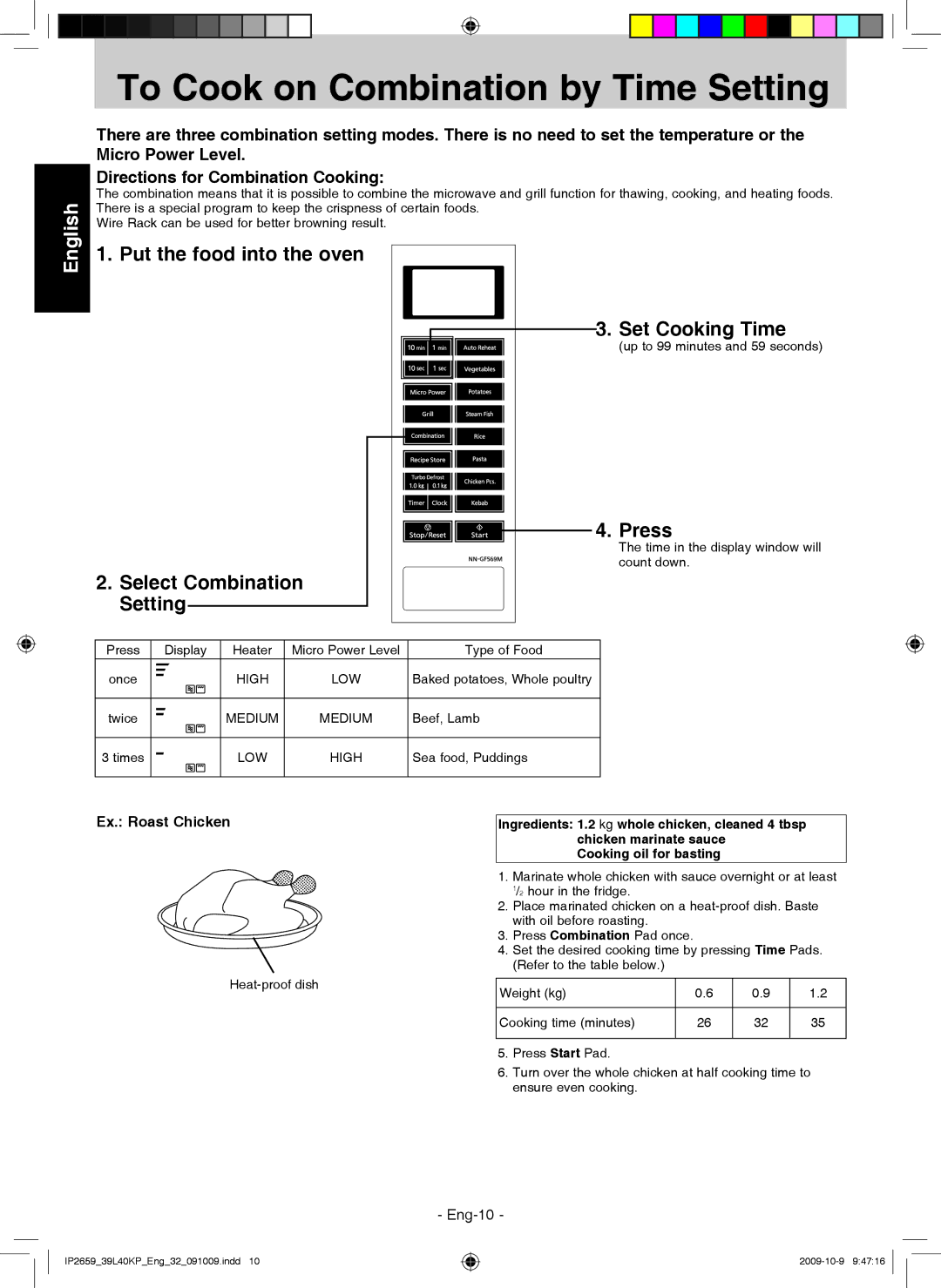 Panasonic NN-GF569M manual To Cook on Combination by Time Setting, Ex. Roast Chicken 