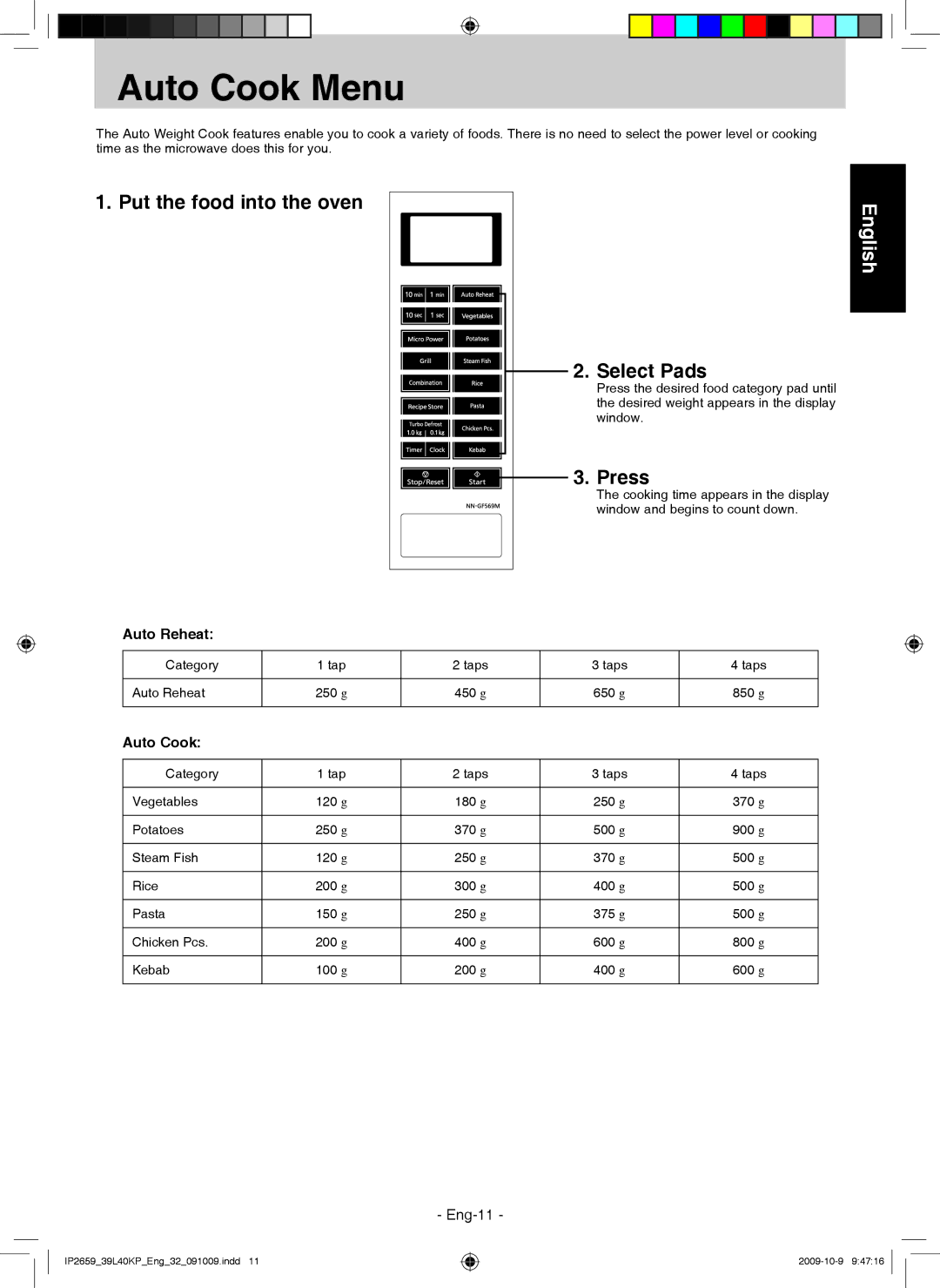 Panasonic NN-GF569M manual Auto Cook Menu, Select Pads, Auto Reheat 