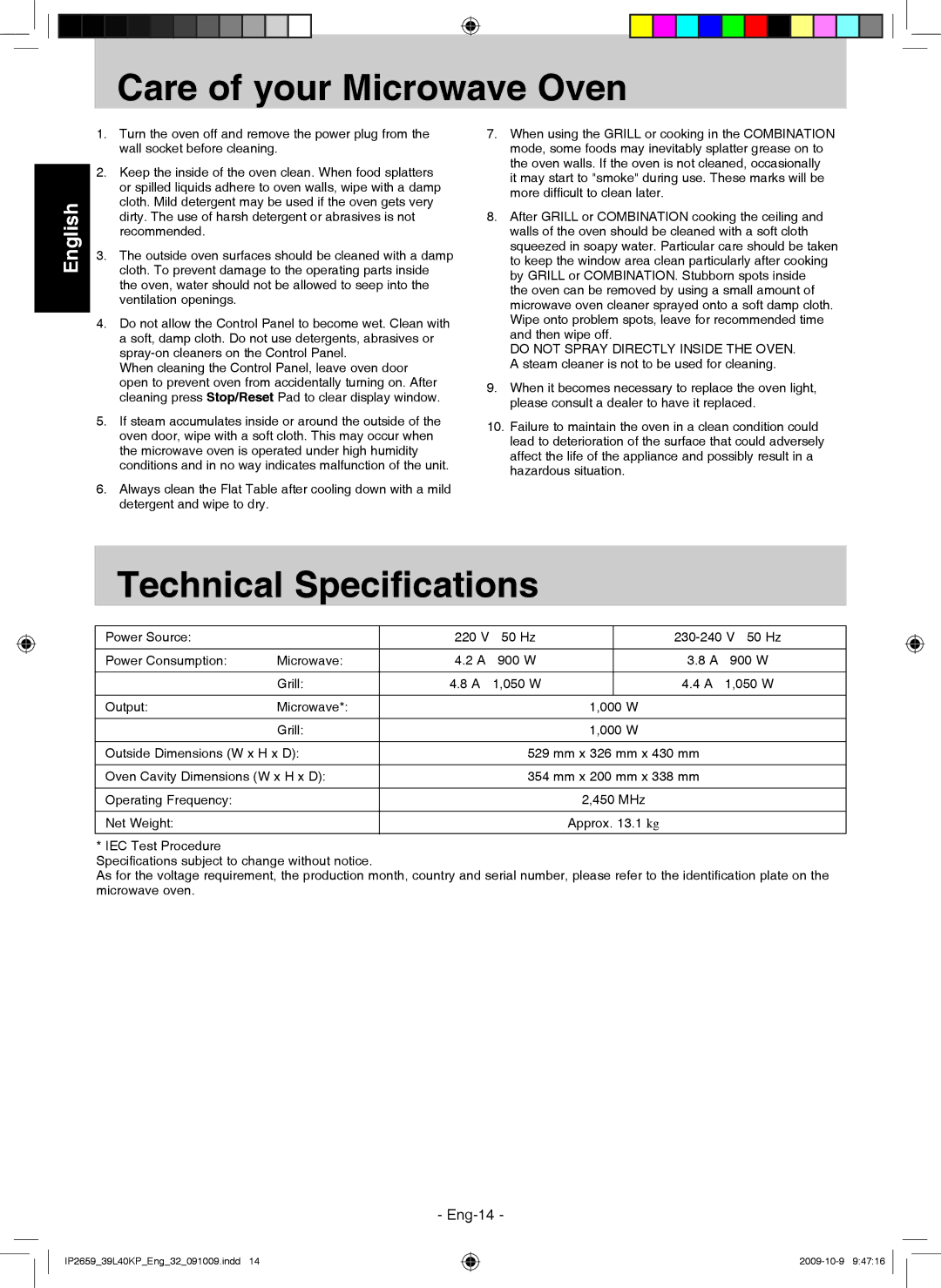 Panasonic NN-GF569M manual Care of your Microwave Oven, Technical Specifications 