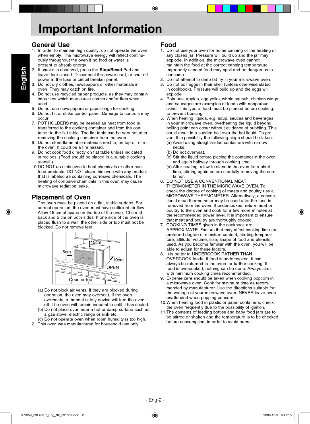 Panasonic NN-GF569M manual Important Information, General Use, Placement of Oven, Food 