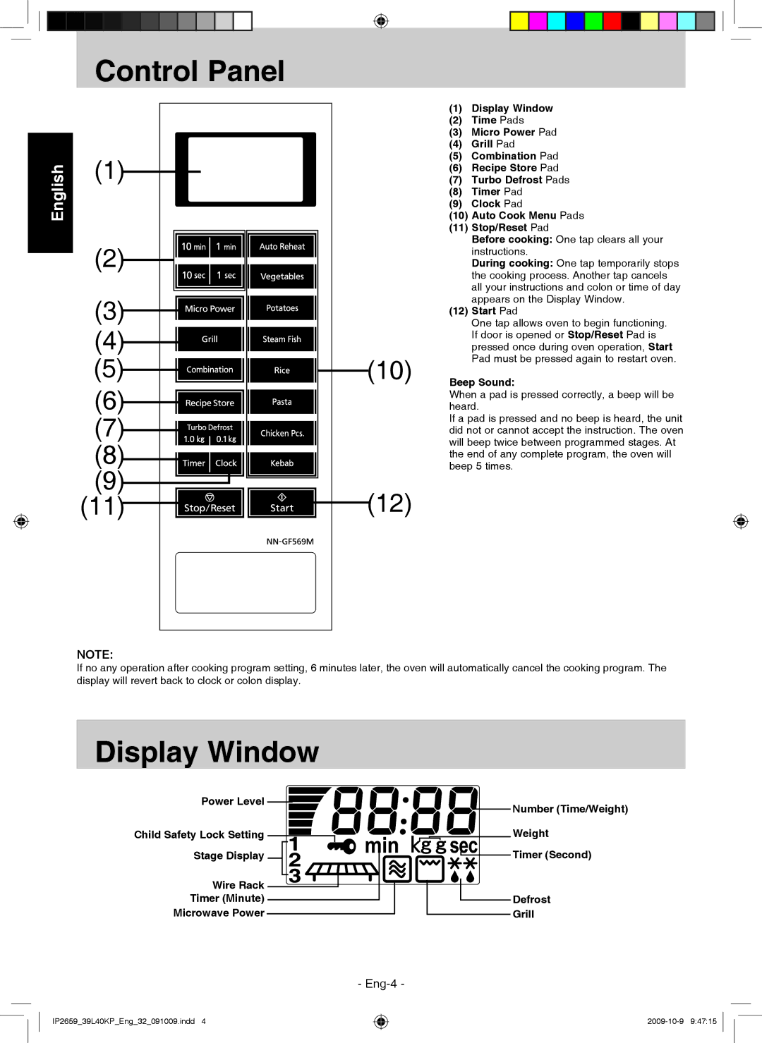 Panasonic NN-GF569M manual Control Panel, Display Window, Start Pad, Beep Sound, Power Level 