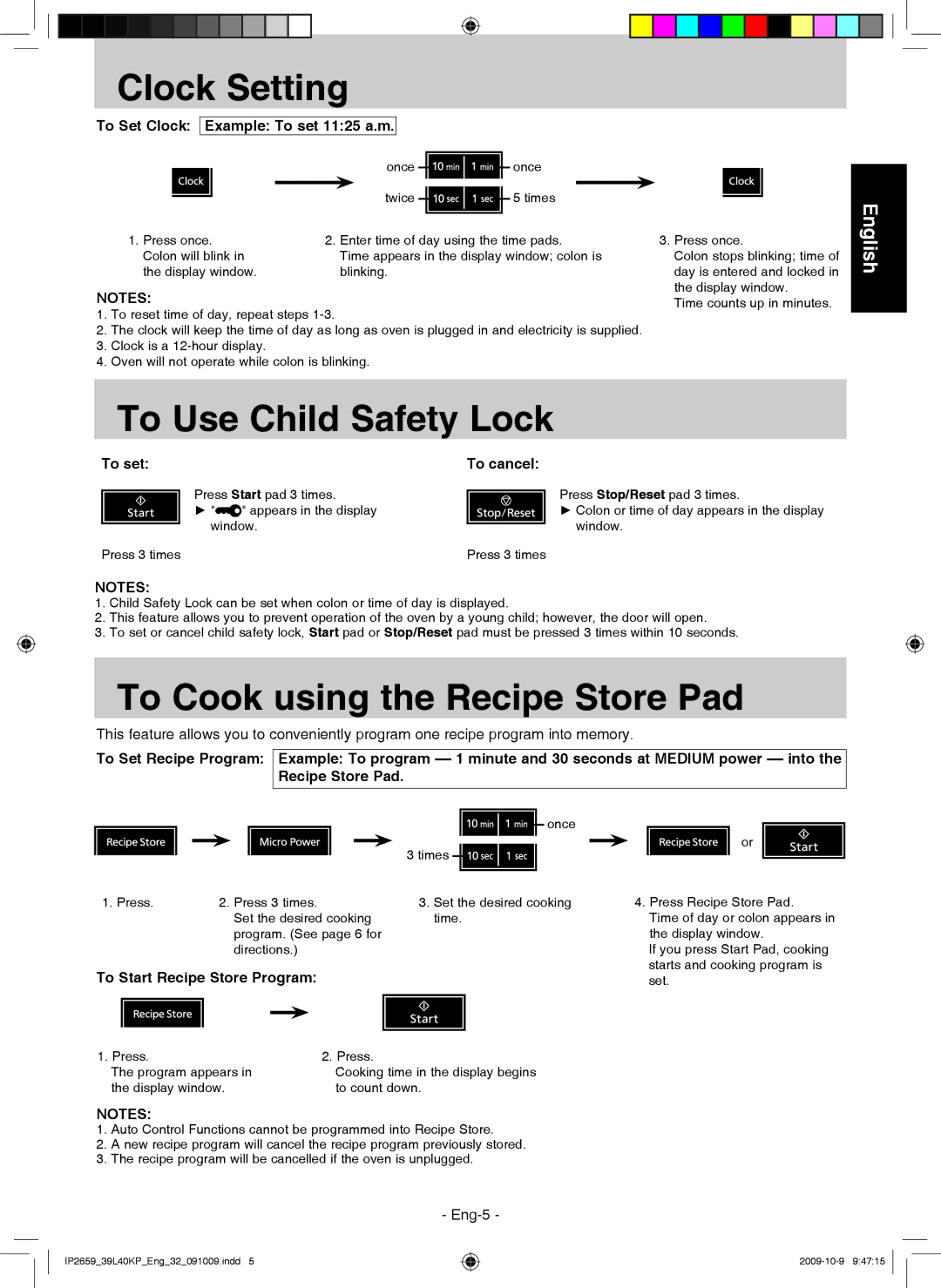 Panasonic NN-GF569M manual Clock Setting, To Use Child Safety Lock, To Cook using the Recipe Store Pad 