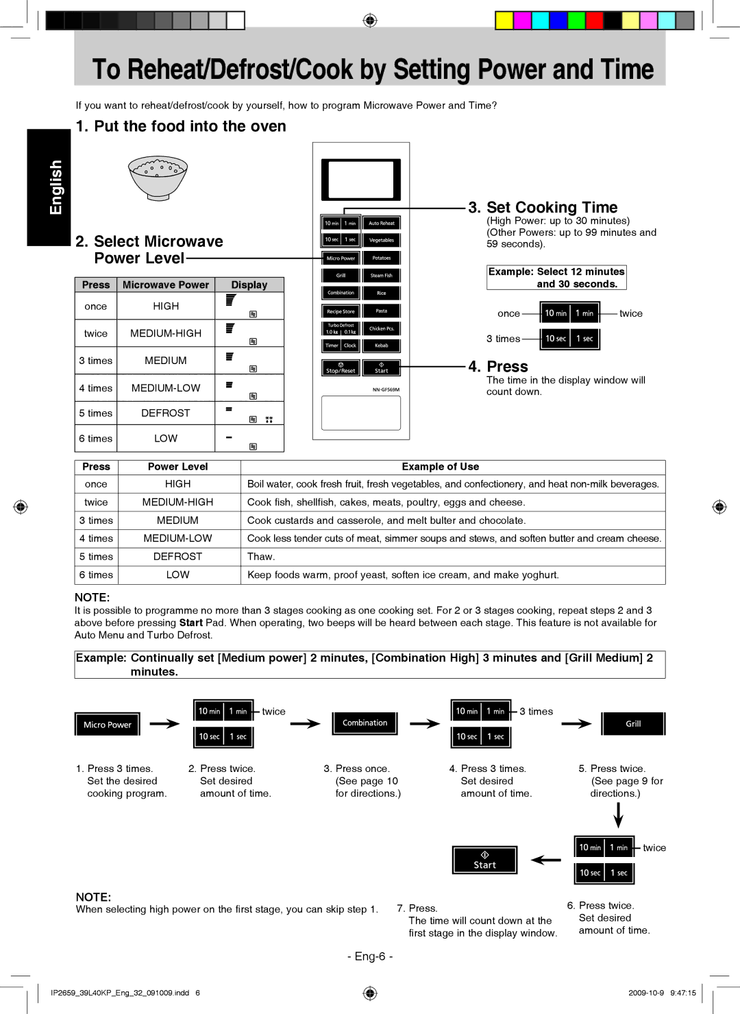 Panasonic NN-GF569M manual Put the food into the oven, Select Microwave Power Level, Set Cooking Time, Press 