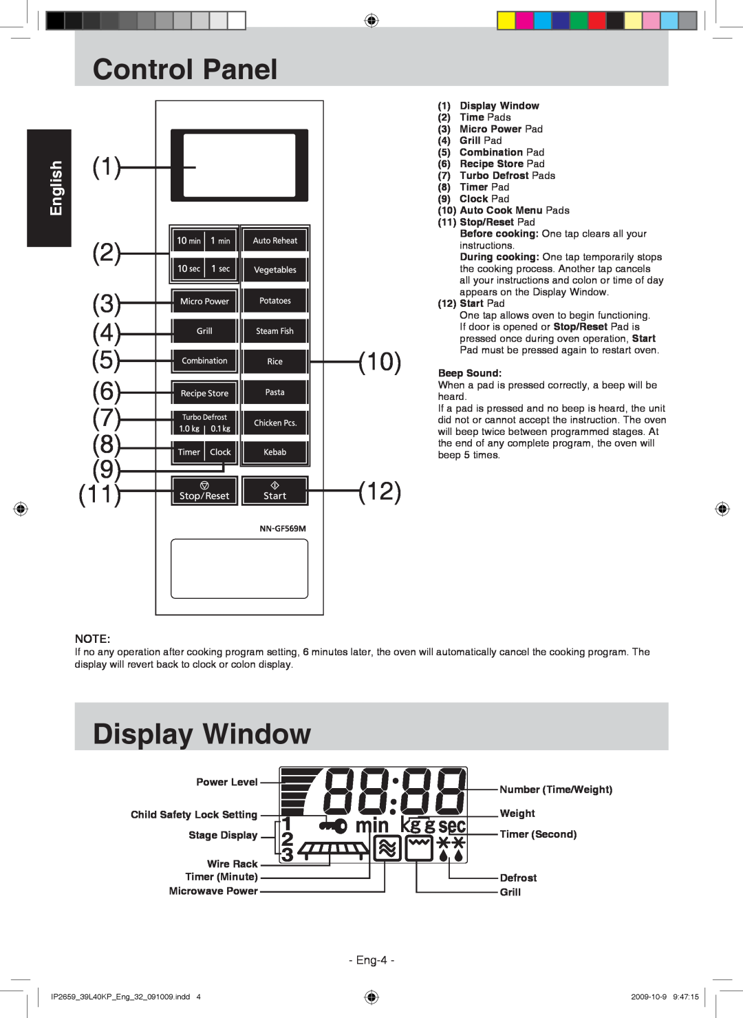 Panasonic NN-GF569M manual Control Panel, Display Window, English, Eng-4 