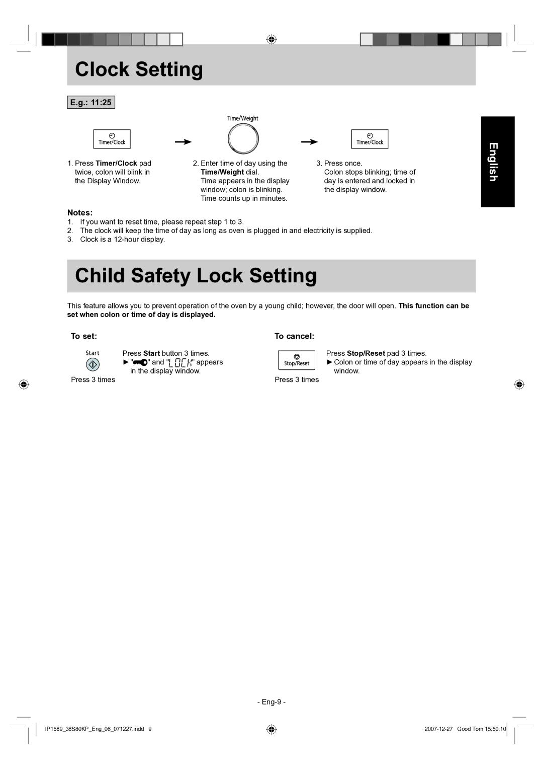 Panasonic NN-GS597M operating instructions Clock Setting, Child Safety Lock Setting, To set To cancel, Time/Weight dial 