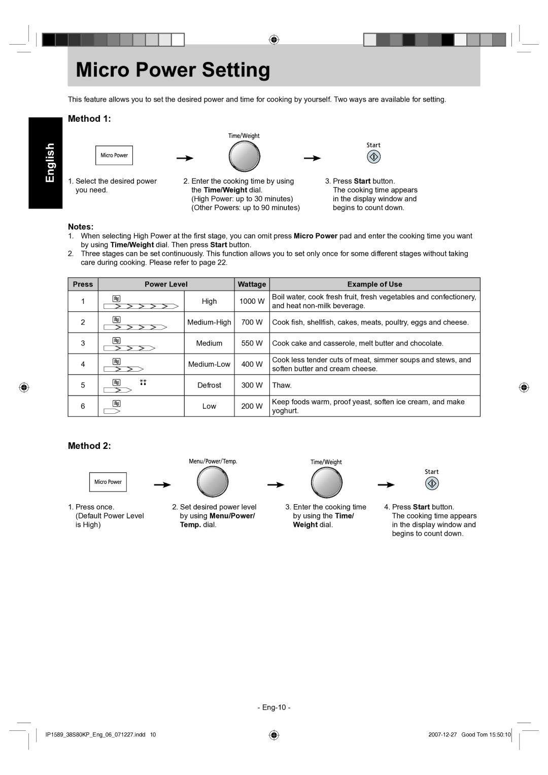 Panasonic NN-GS597M Micro Power Setting, Method, Press Power Level Wattage Example of Use, Temp. dial, Weight dial 