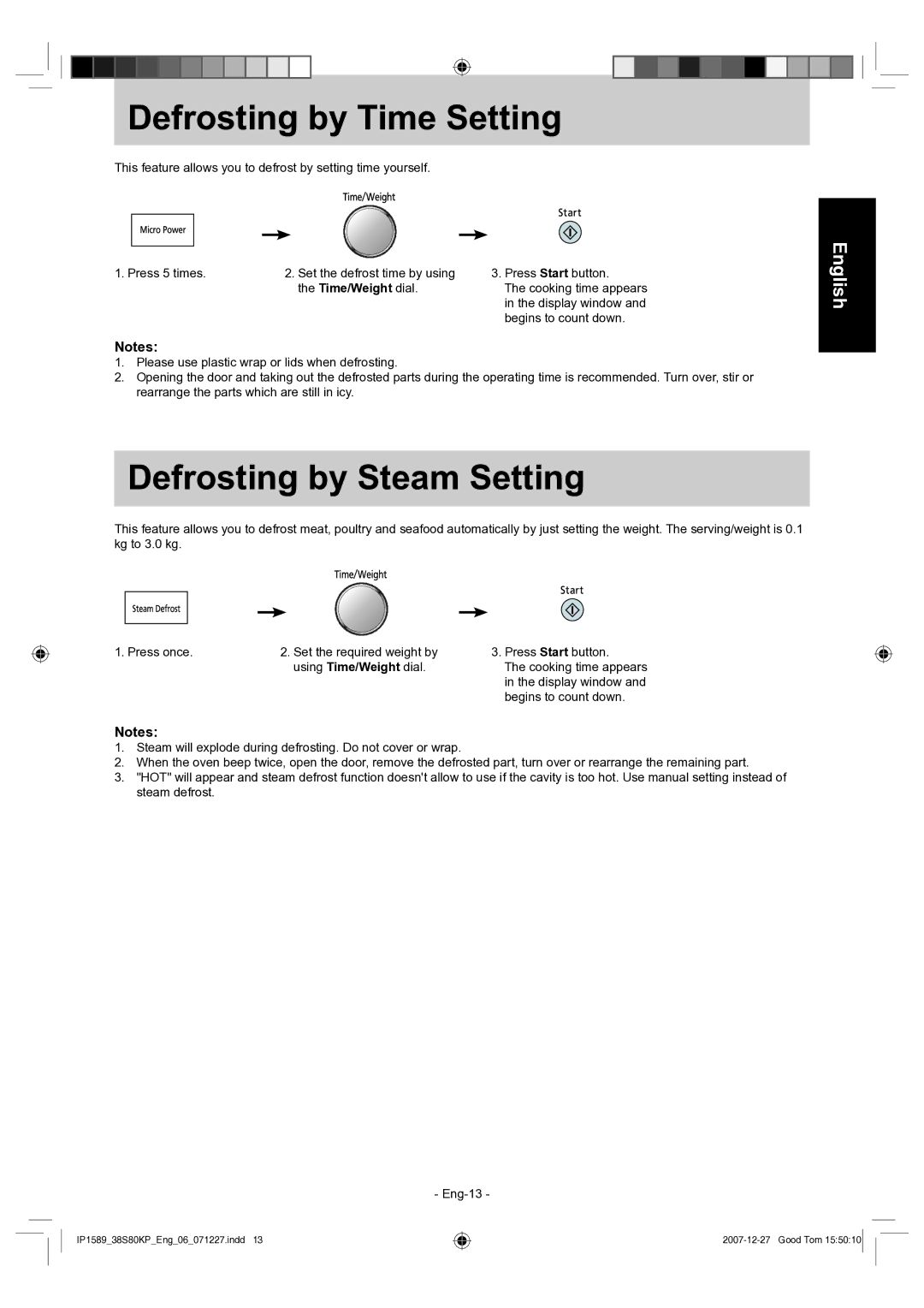 Panasonic NN-GS597M operating instructions Defrosting by Time Setting, Defrosting by Steam Setting 