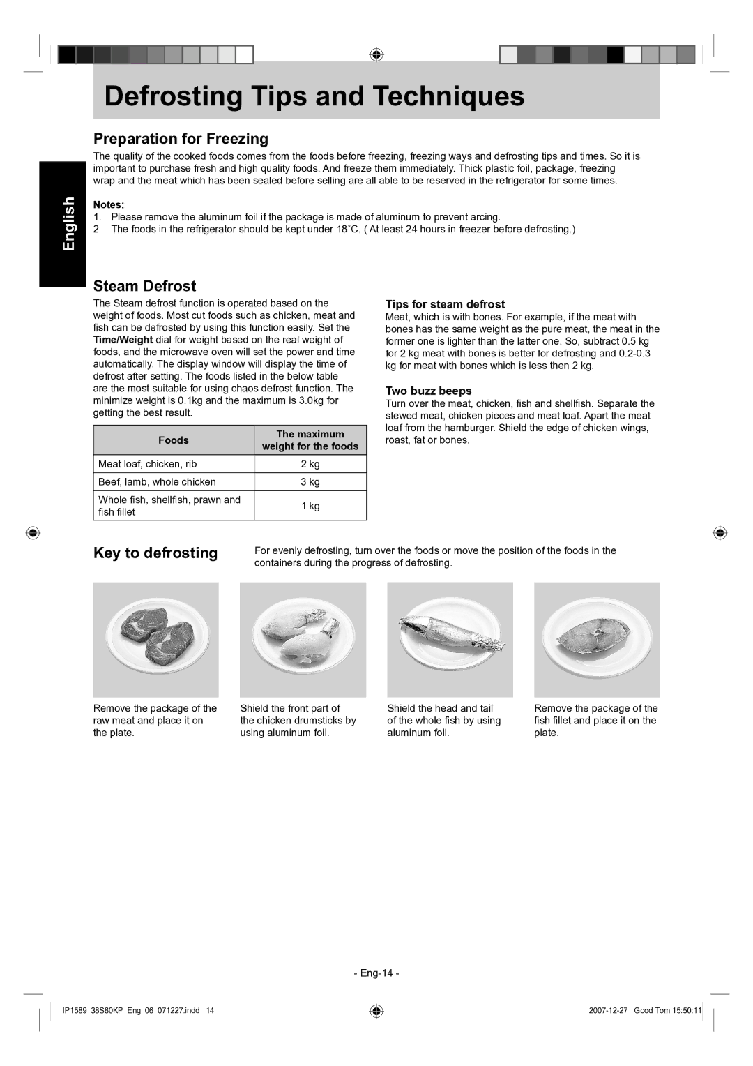 Panasonic NN-GS597M Defrosting Tips and Techniques, Preparation for Freezing, Steam Defrost, Key to defrosting 