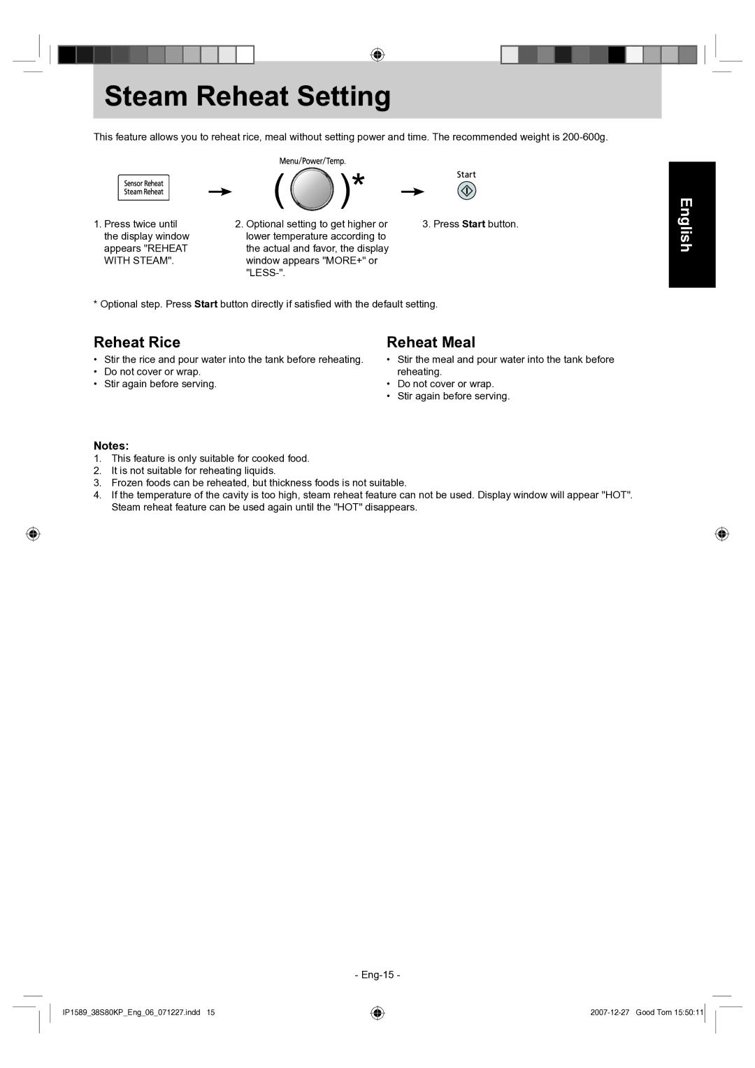 Panasonic NN-GS597M operating instructions Steam Reheat Setting, Reheat Rice Reheat Meal 