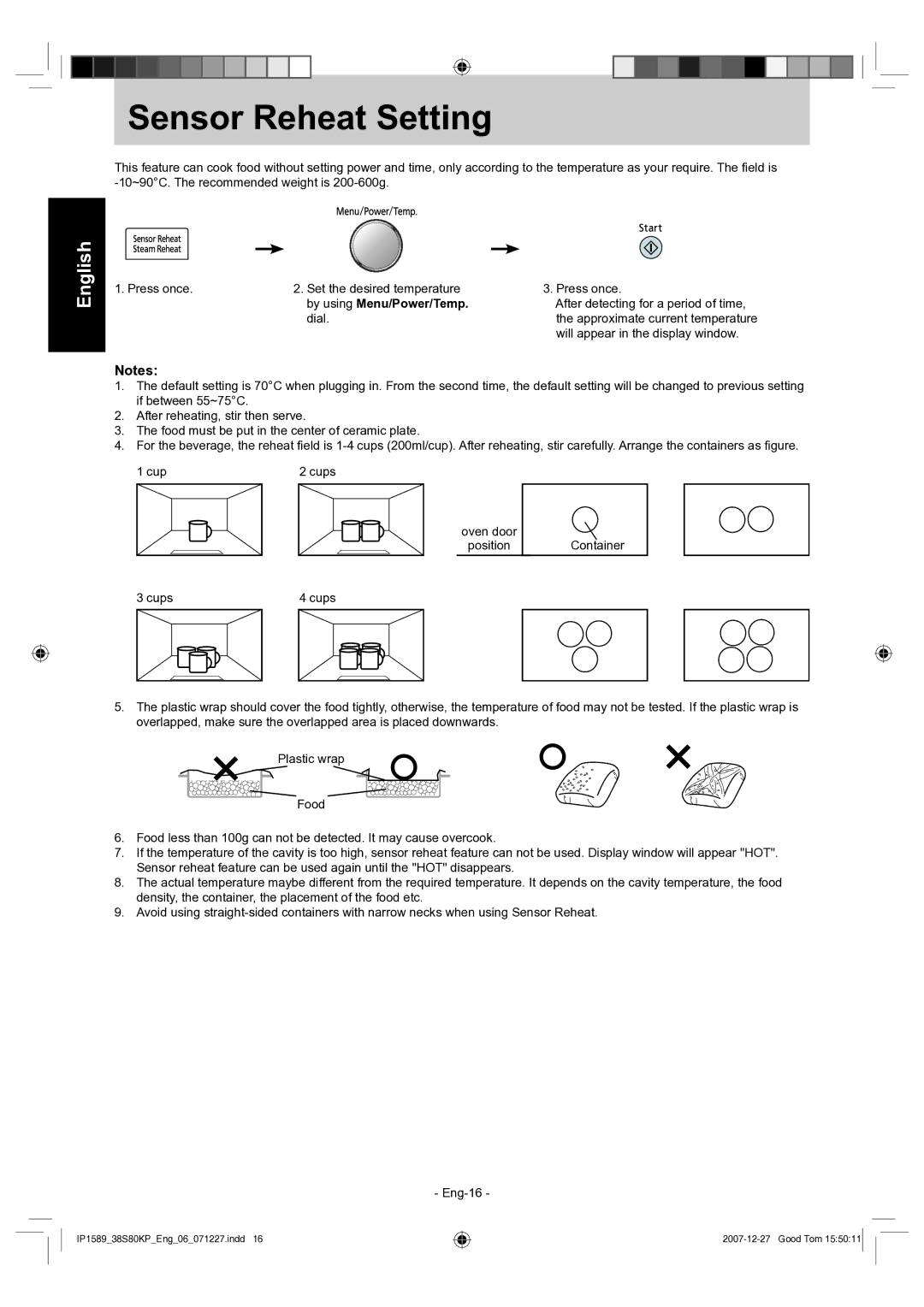 Panasonic NN-GS597M operating instructions Sensor Reheat Setting, By using Menu/Power/Temp 