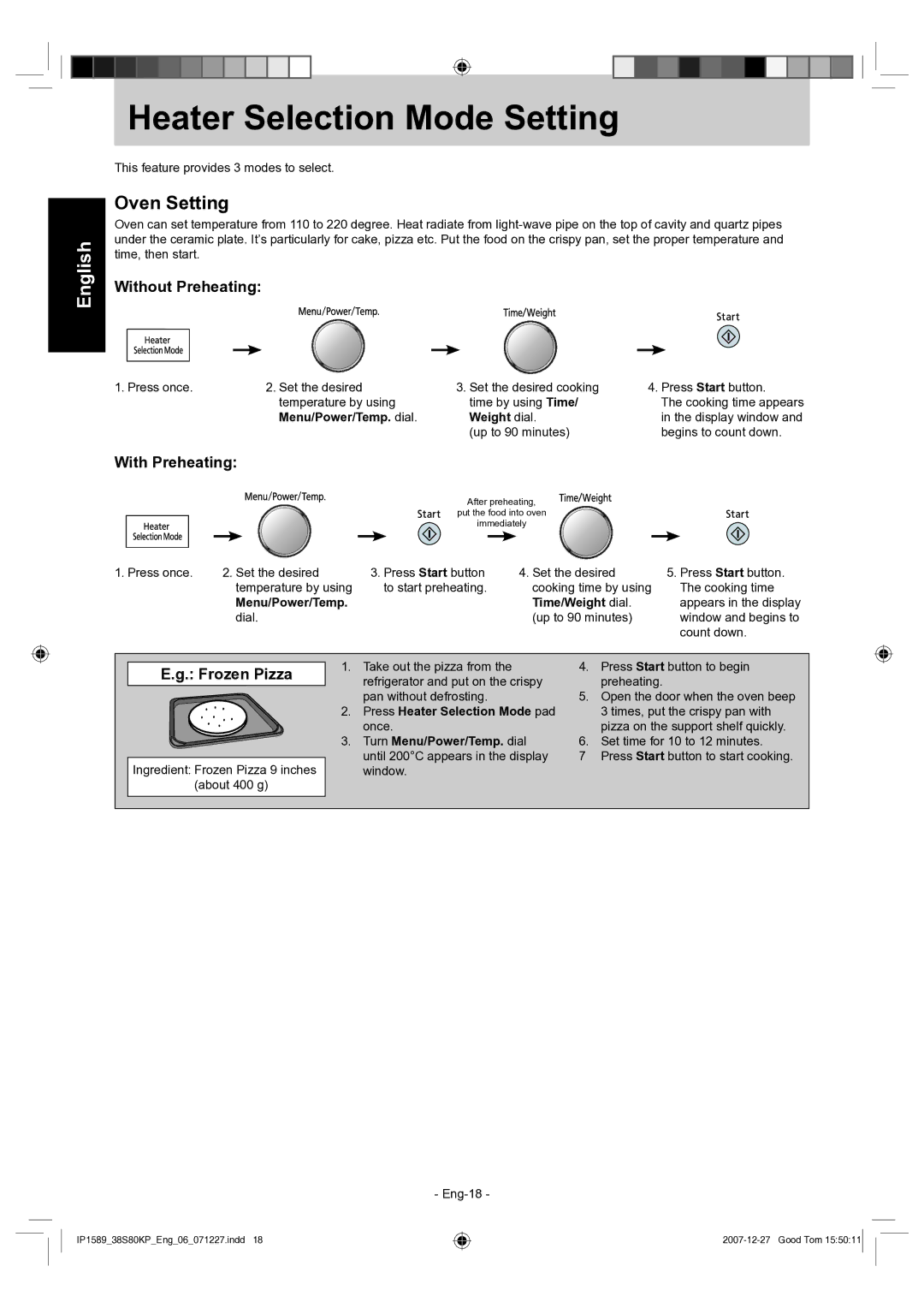 Panasonic NN-GS597M Heater Selection Mode Setting, Oven Setting, Without Preheating, With Preheating, Frozen Pizza 