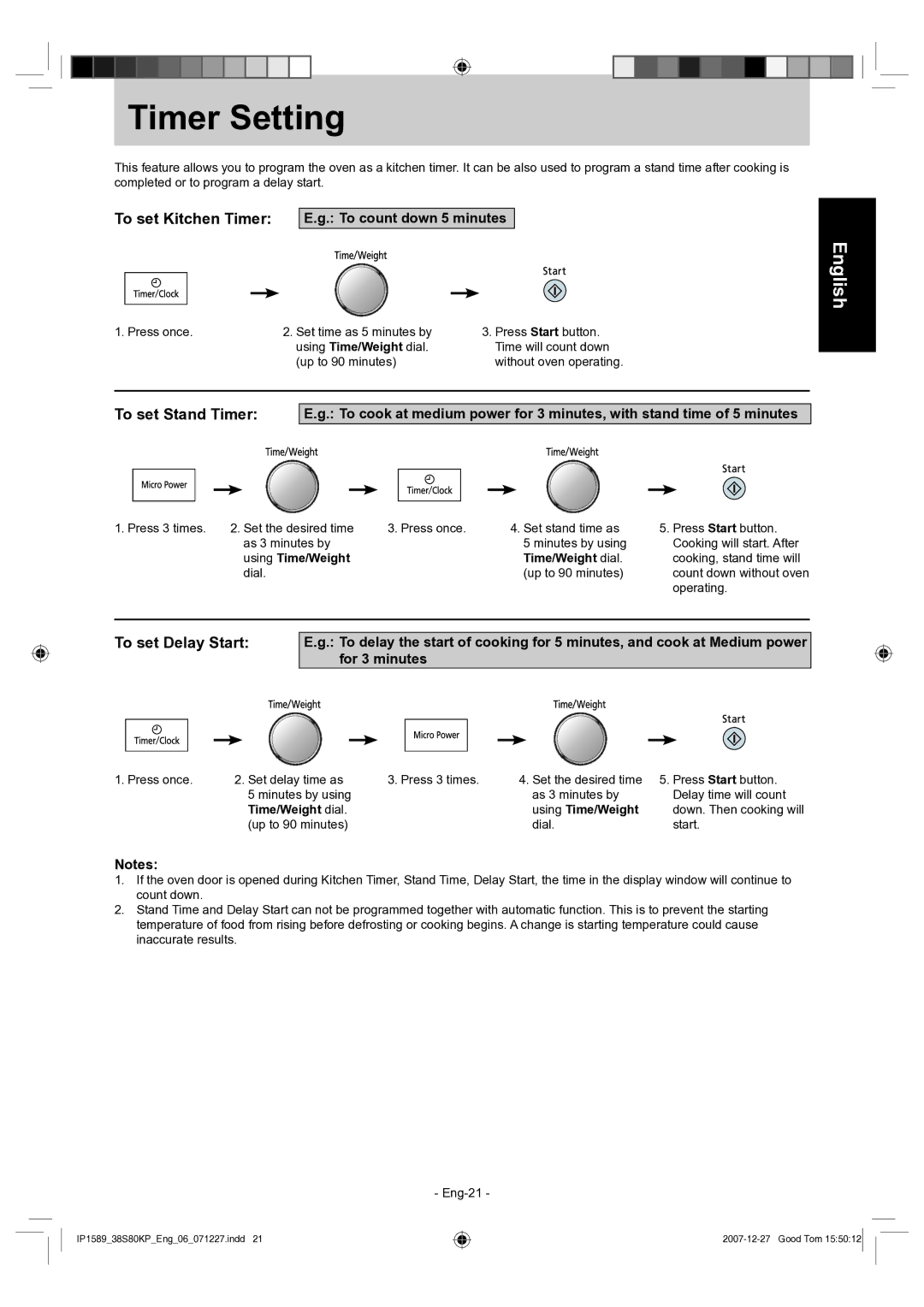 Panasonic NN-GS597M Timer Setting, To set Kitchen Timer, To set Stand Timer, To set Delay Start, To count down 5 minutes 