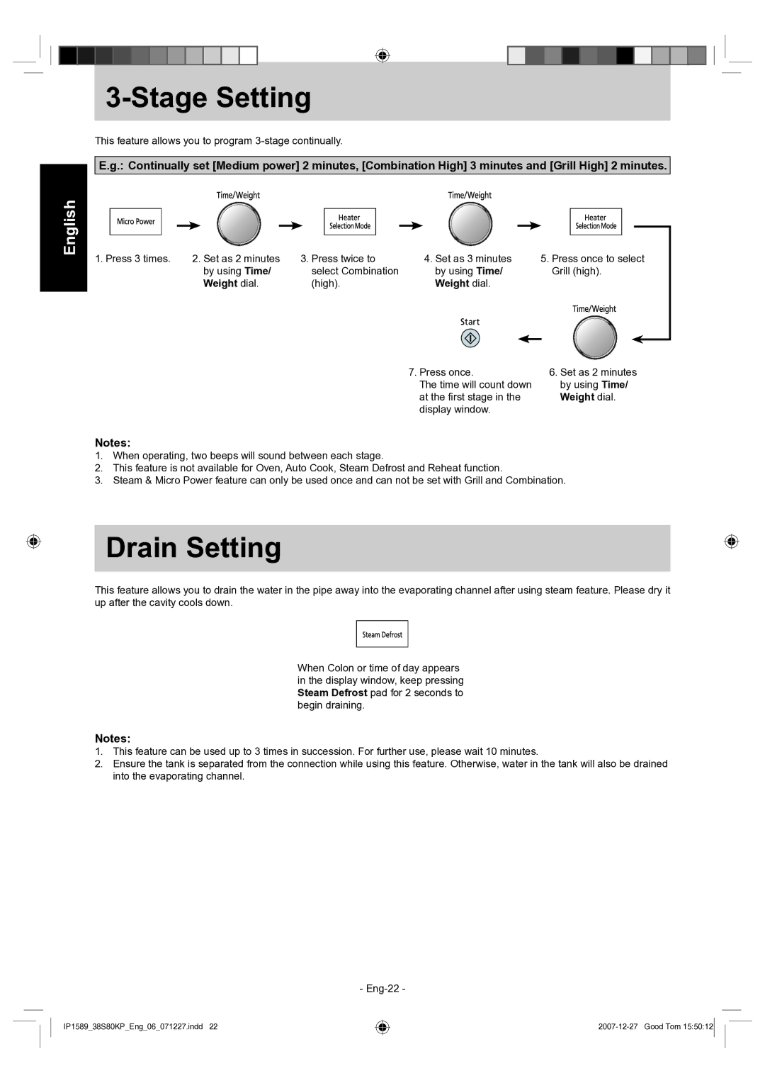 Panasonic NN-GS597M operating instructions Stage Setting, Drain Setting 