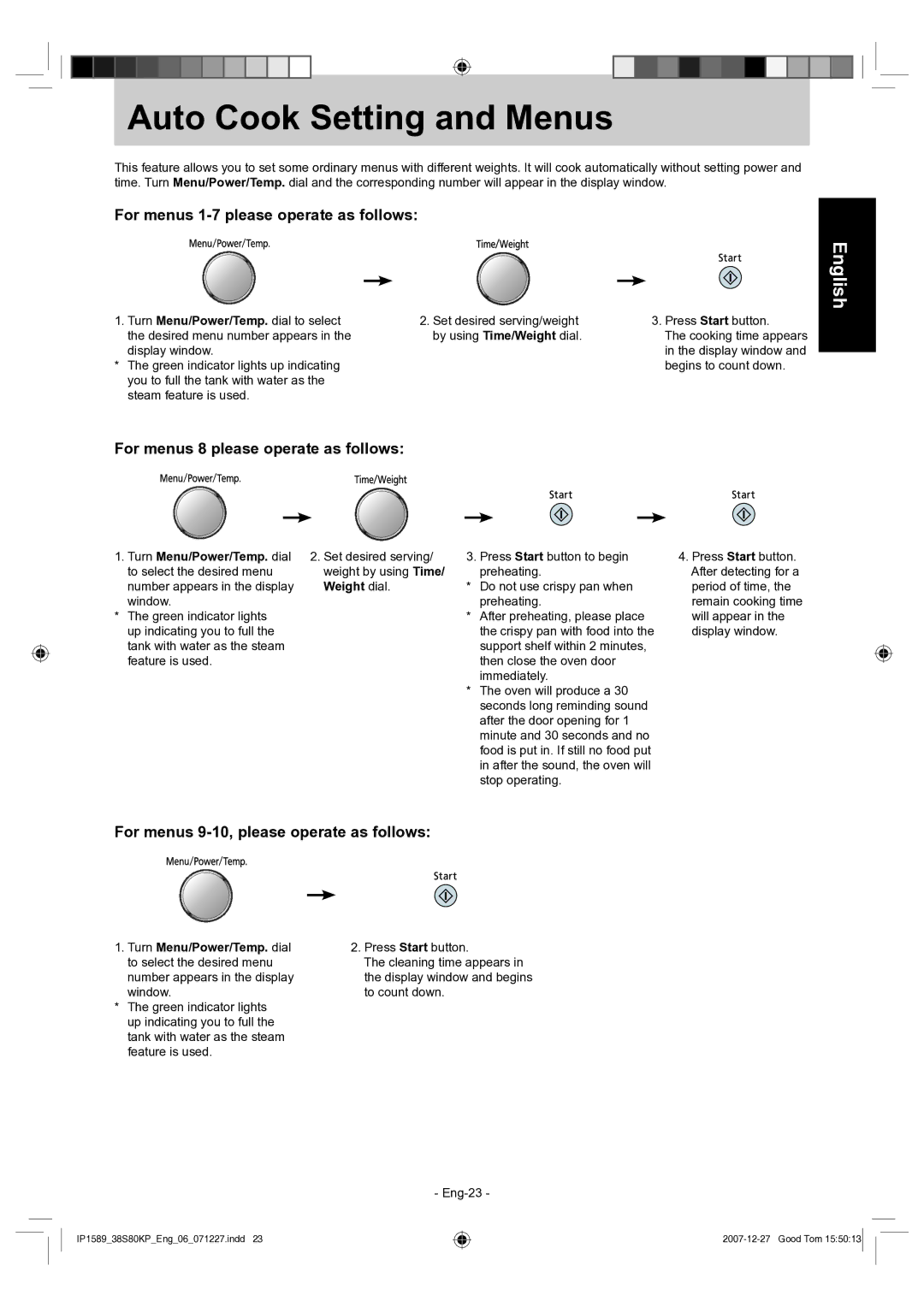 Panasonic NN-GS597M operating instructions Auto Cook Setting and Menus, For menus 1-7 please operate as follows 