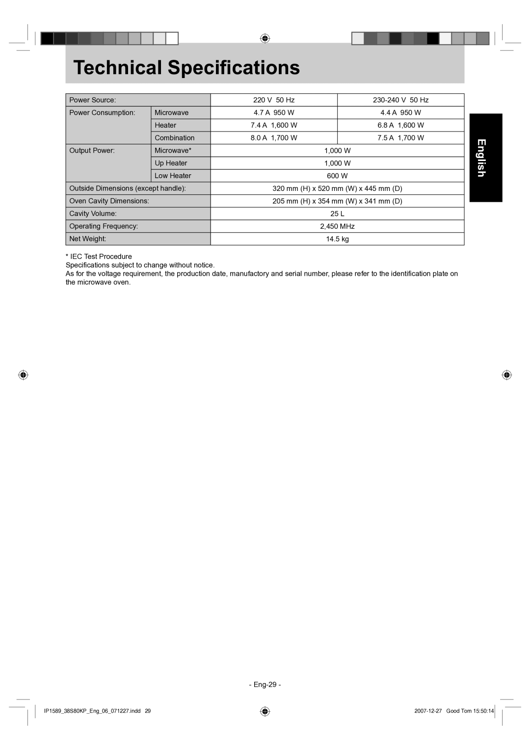 Panasonic NN-GS597M operating instructions Technical Speciﬁcations 