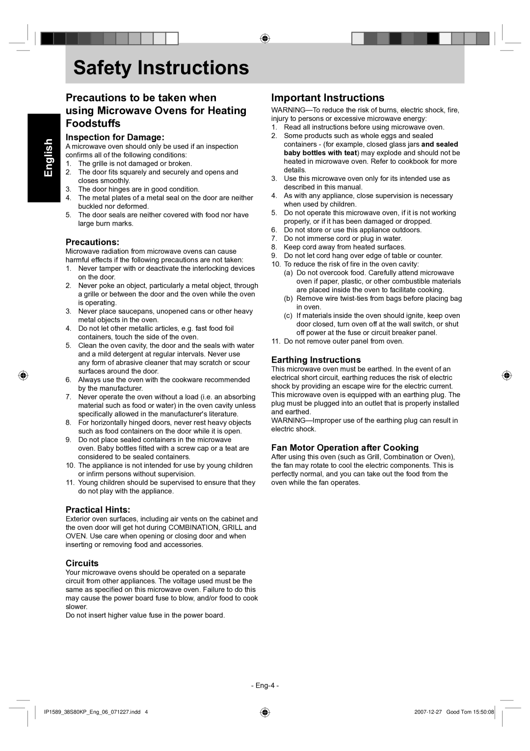 Panasonic NN-GS597M operating instructions Safety Instructions, Important Instructions 