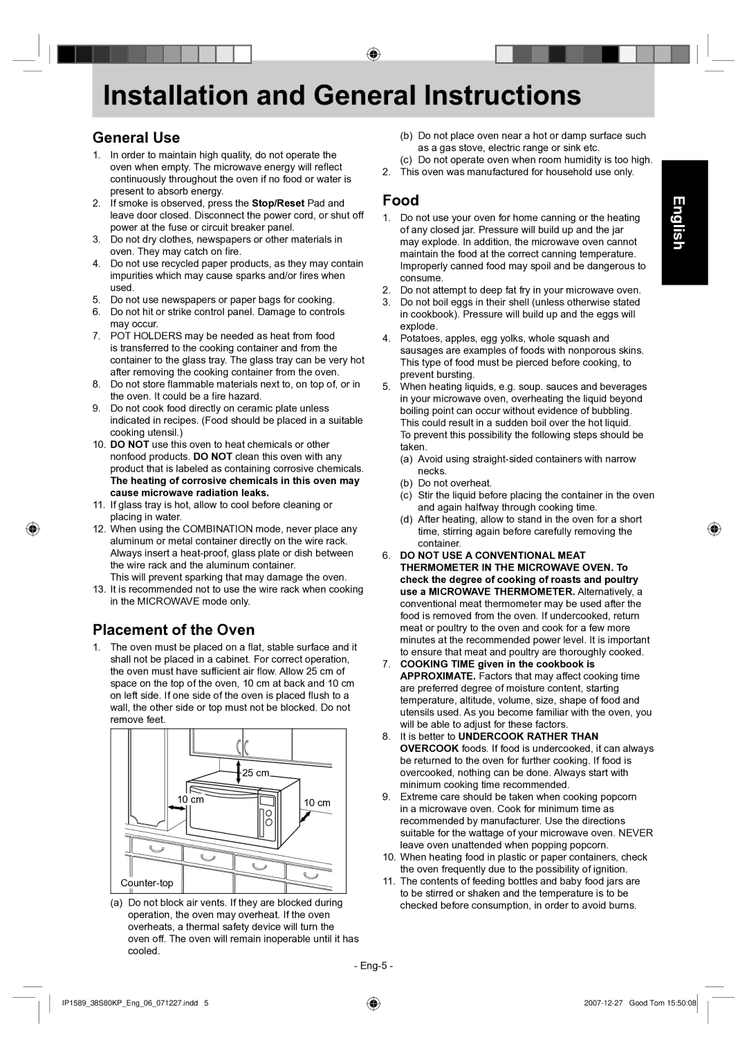 Panasonic NN-GS597M operating instructions Installation and General Instructions, General Use, Placement of the Oven, Food 