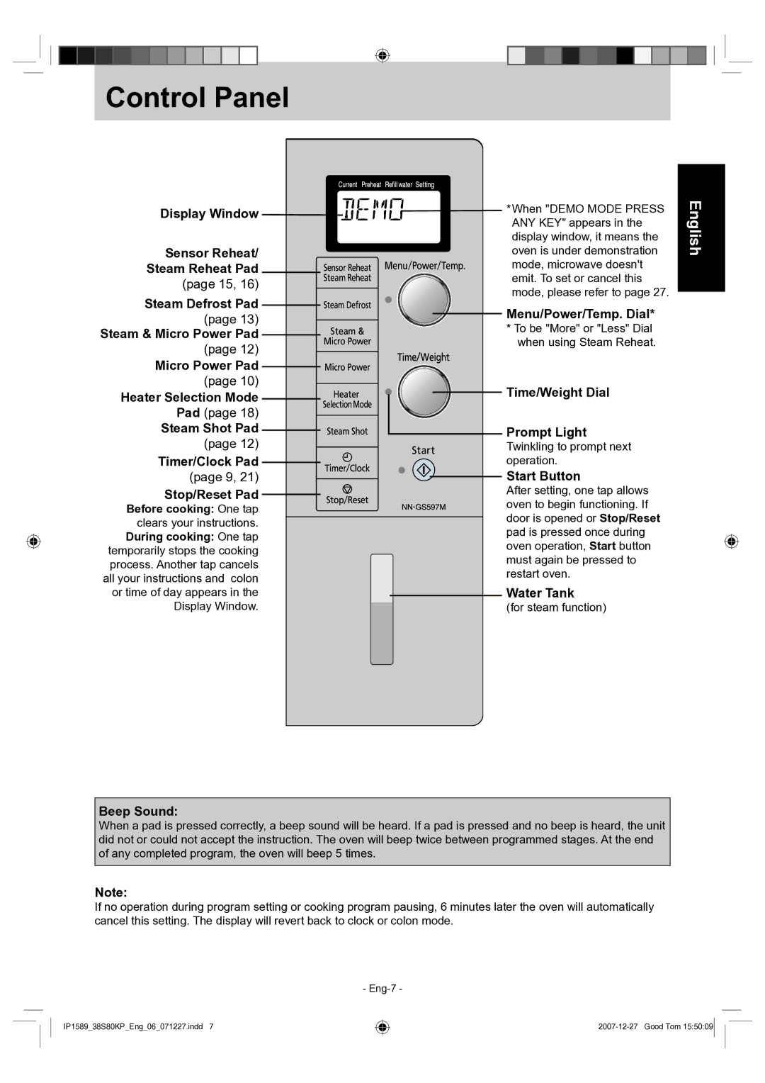 Panasonic NN-GS597M operating instructions Control Panel 