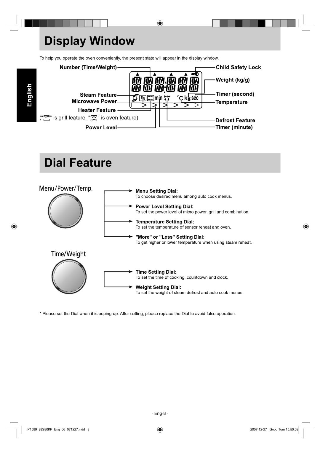 Panasonic NN-GS597M operating instructions Display Window, Dial Feature 