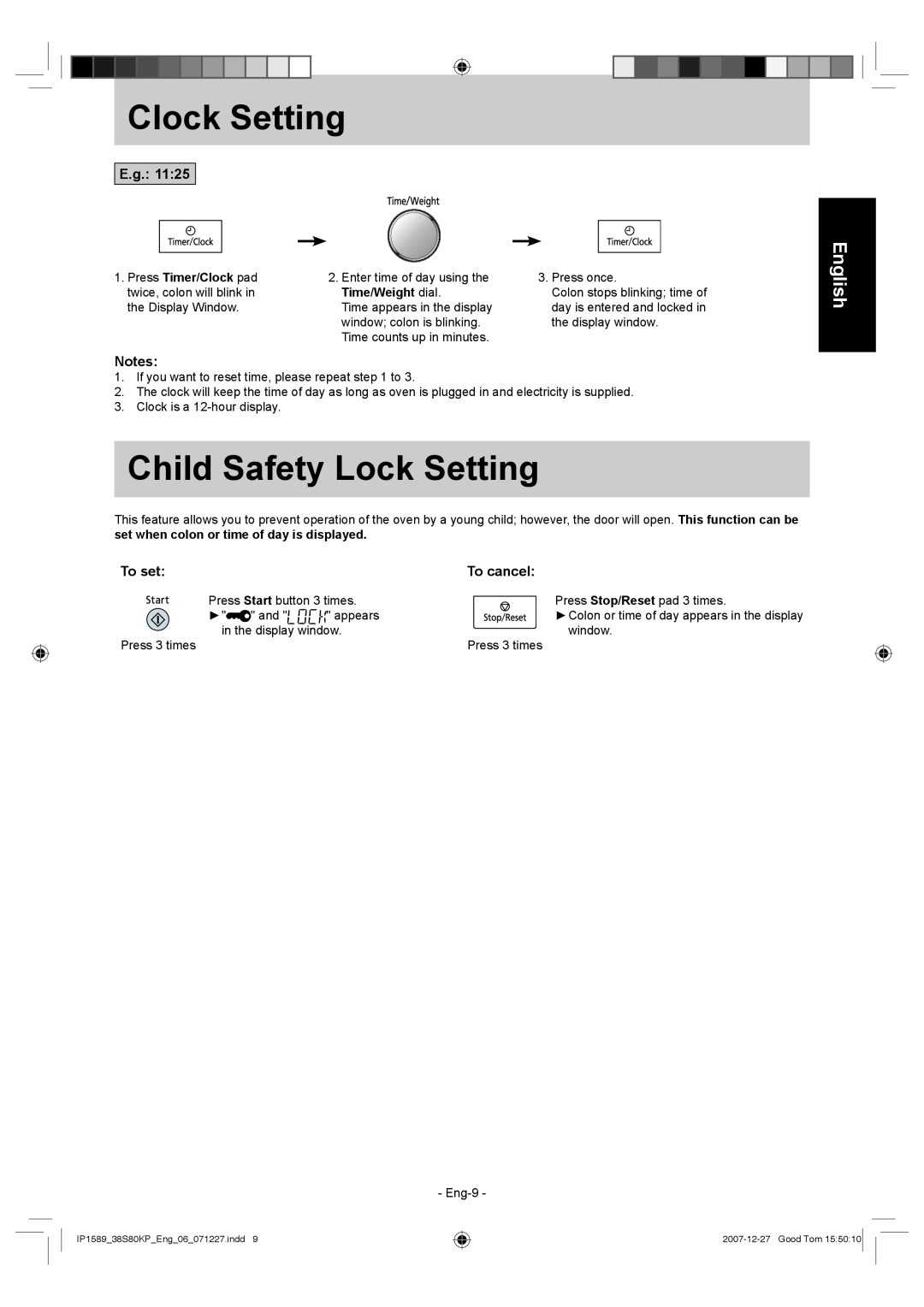 Panasonic NN-GS597M operating instructions Clock Setting, Child Safety Lock Setting, E.g, To set, To cancel, English 