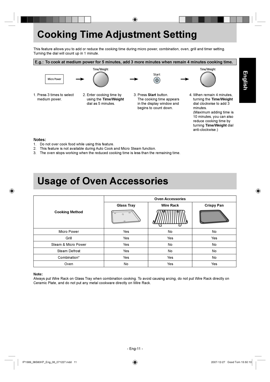 Panasonic NN-GS597M operating instructions Cooking Time Adjustment Setting, Usage of Oven Accessories, English 