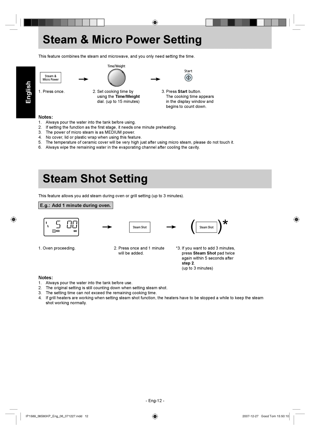 Panasonic NN-GS597M Steam & Micro Power Setting, Steam Shot Setting, E.g. Add 1 minute during oven, English 