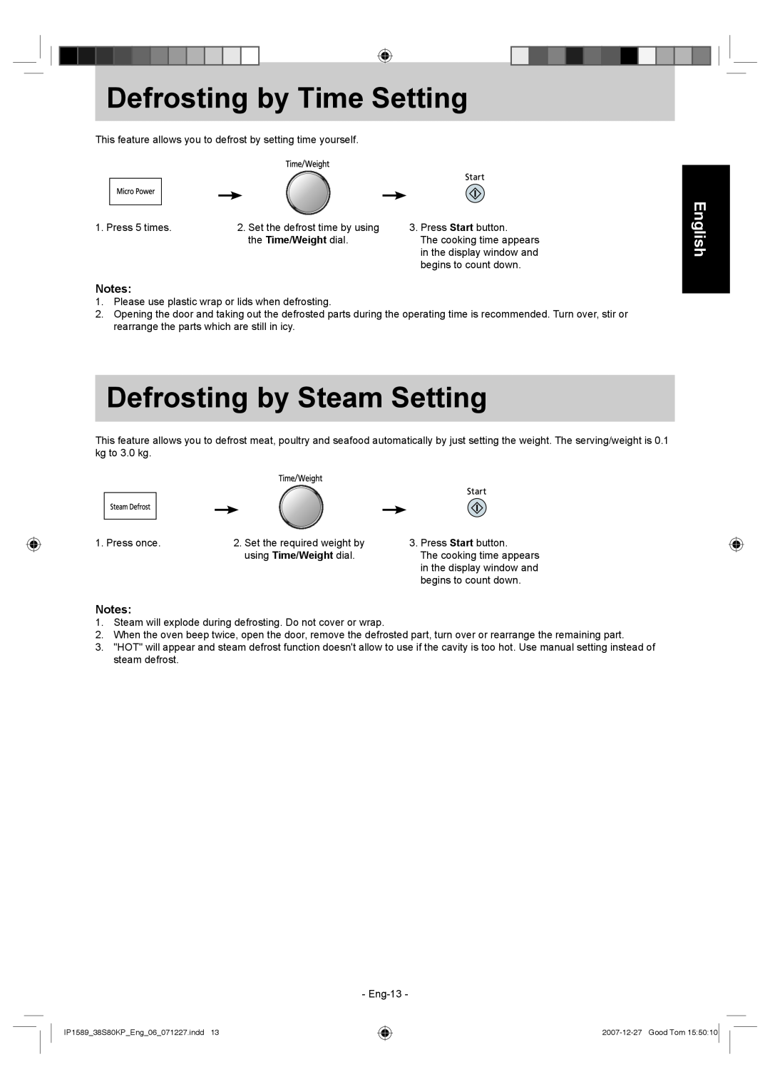 Panasonic NN-GS597M operating instructions Defrosting by Time Setting, Defrosting by Steam Setting, English 
