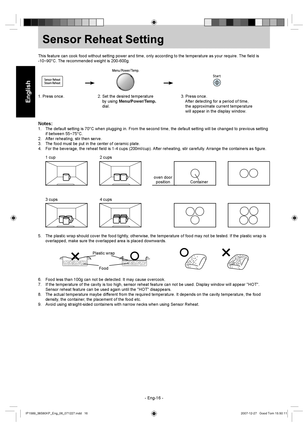 Panasonic NN-GS597M operating instructions Sensor Reheat Setting, English, by using Menu/Power/Temp 