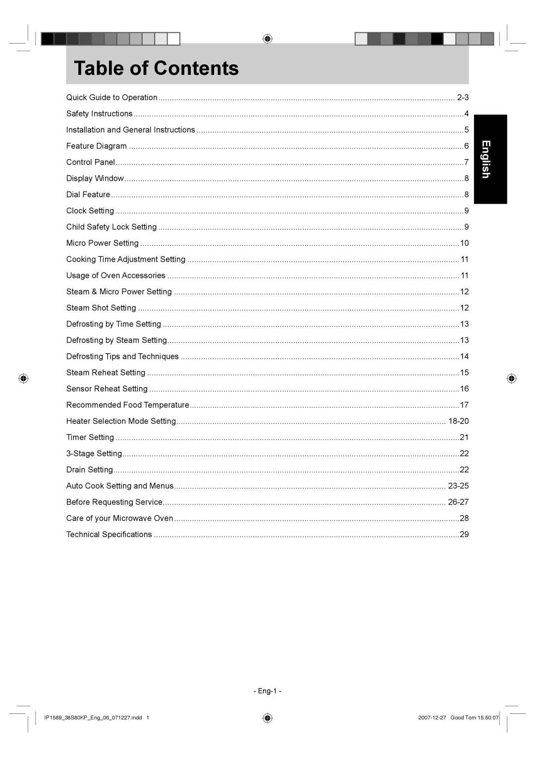 Panasonic NN-GS597M operating instructions Table of Contents, English 