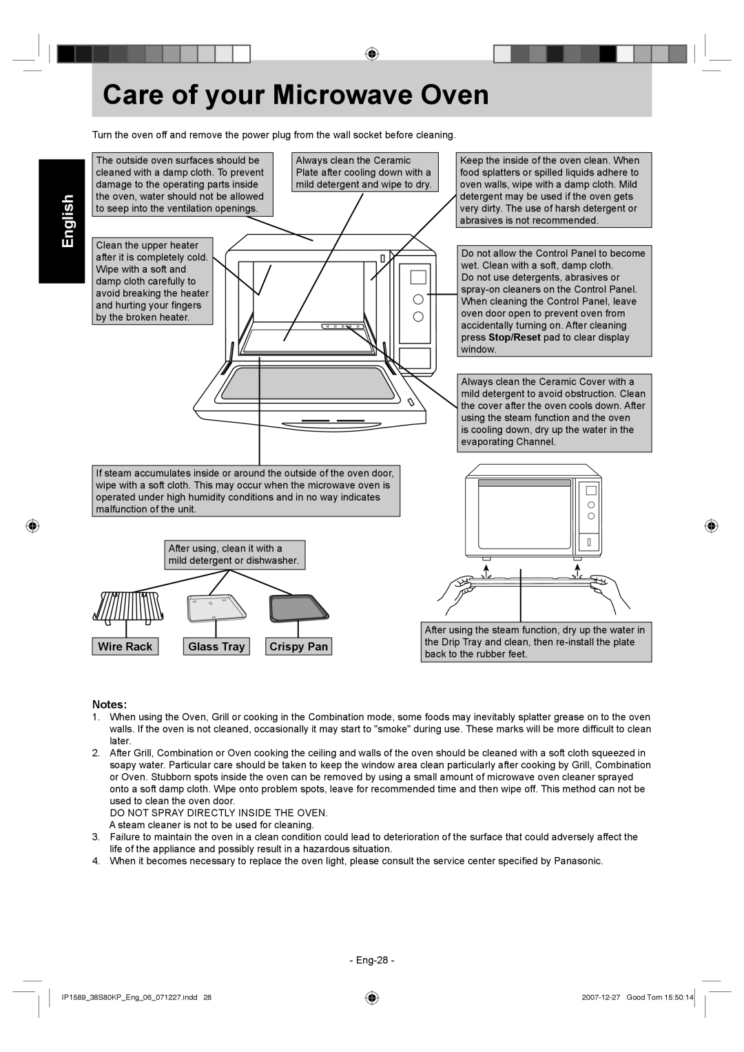 Panasonic NN-GS597M operating instructions Care of your Microwave Oven, Wire Rack Notes, English, Glass Tray, Crispy Pan 