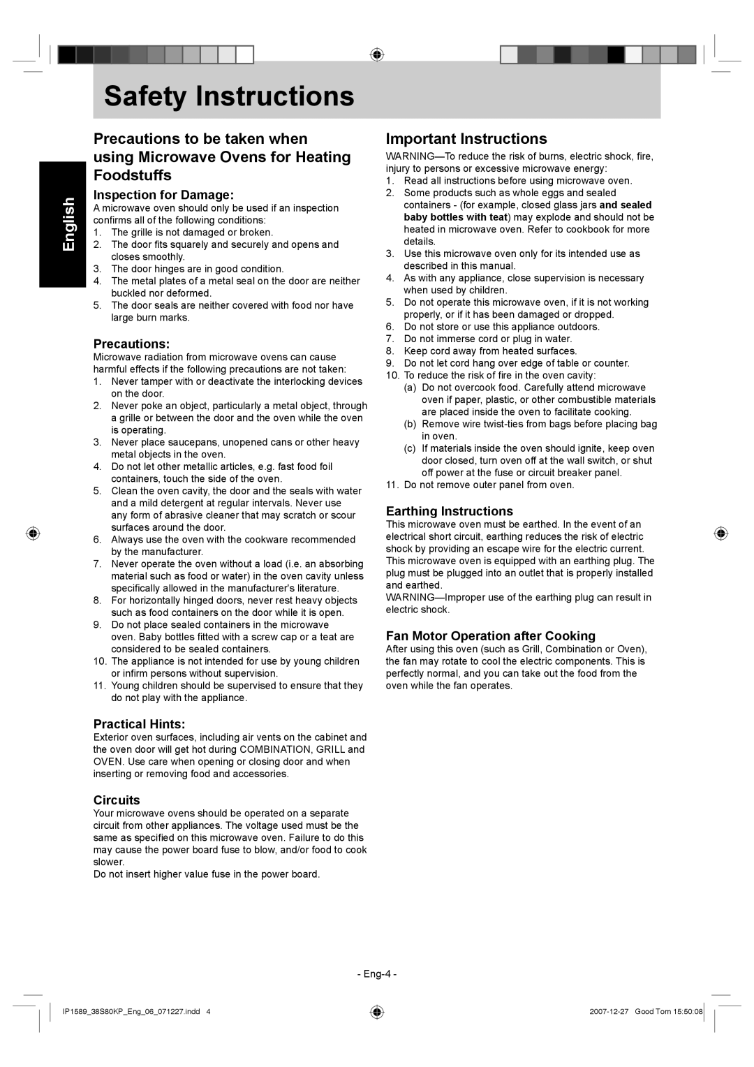 Panasonic NN-GS597M Safety Instructions, Important Instructions, Inspection for Damage, Precautions, Practical Hints 