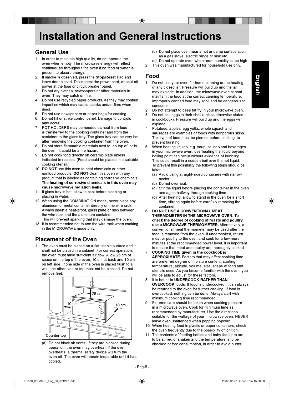 Panasonic NN-GS597M Installation and General Instructions, General Use, Placement of the Oven, Food, English 