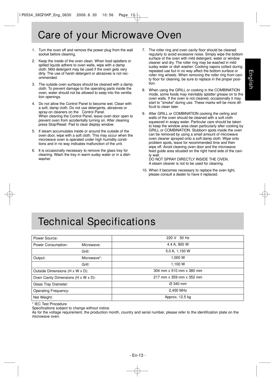 Panasonic NN-GT546W manual Care of your Microwave Oven, Technical Specifications 