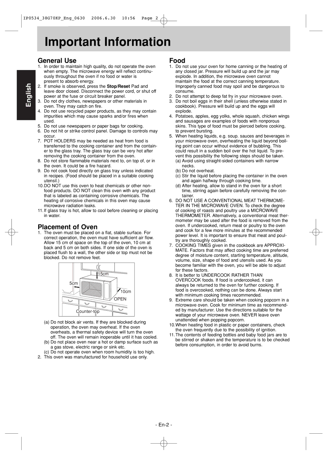 Panasonic NN-GT546W manual Important Information, General Use, Placement of Oven, Food 