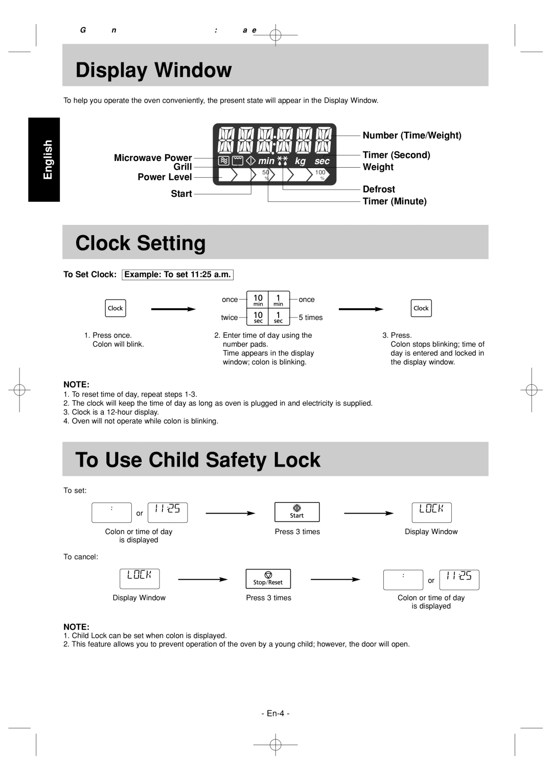 Panasonic NN-GT546W manual Display Window, Clock Setting, To Use Child Safety Lock, Microwave Power 