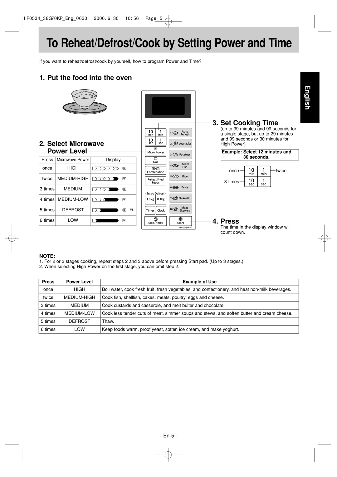 Panasonic NN-GT546W manual Put the food into the oven Select Microwave Power Level, Set Cooking Time, Press 