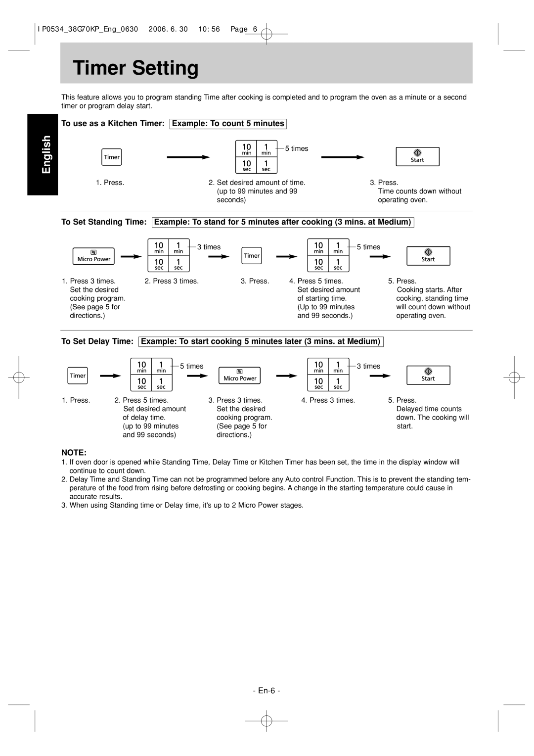 Panasonic NN-GT546W manual Timer Setting, To use as a Kitchen Timer Example To count 5 minutes 