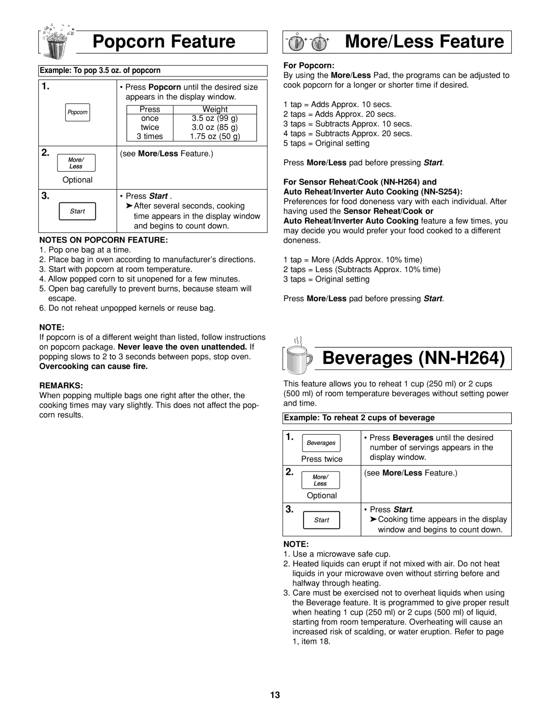 Panasonic important safety instructions Popcorn Feature More/Less Feature, Beverages NN-H264, Remarks 