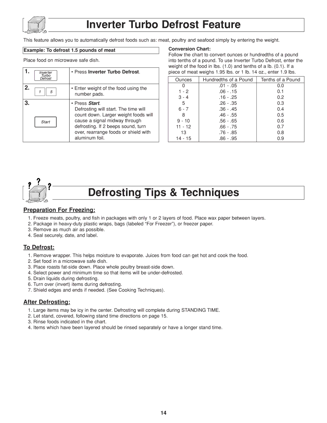 Panasonic NN-H264 Inverter Turbo Defrost Feature, Defrosting Tips & Techniques, Preparation For Freezing, To Defrost 