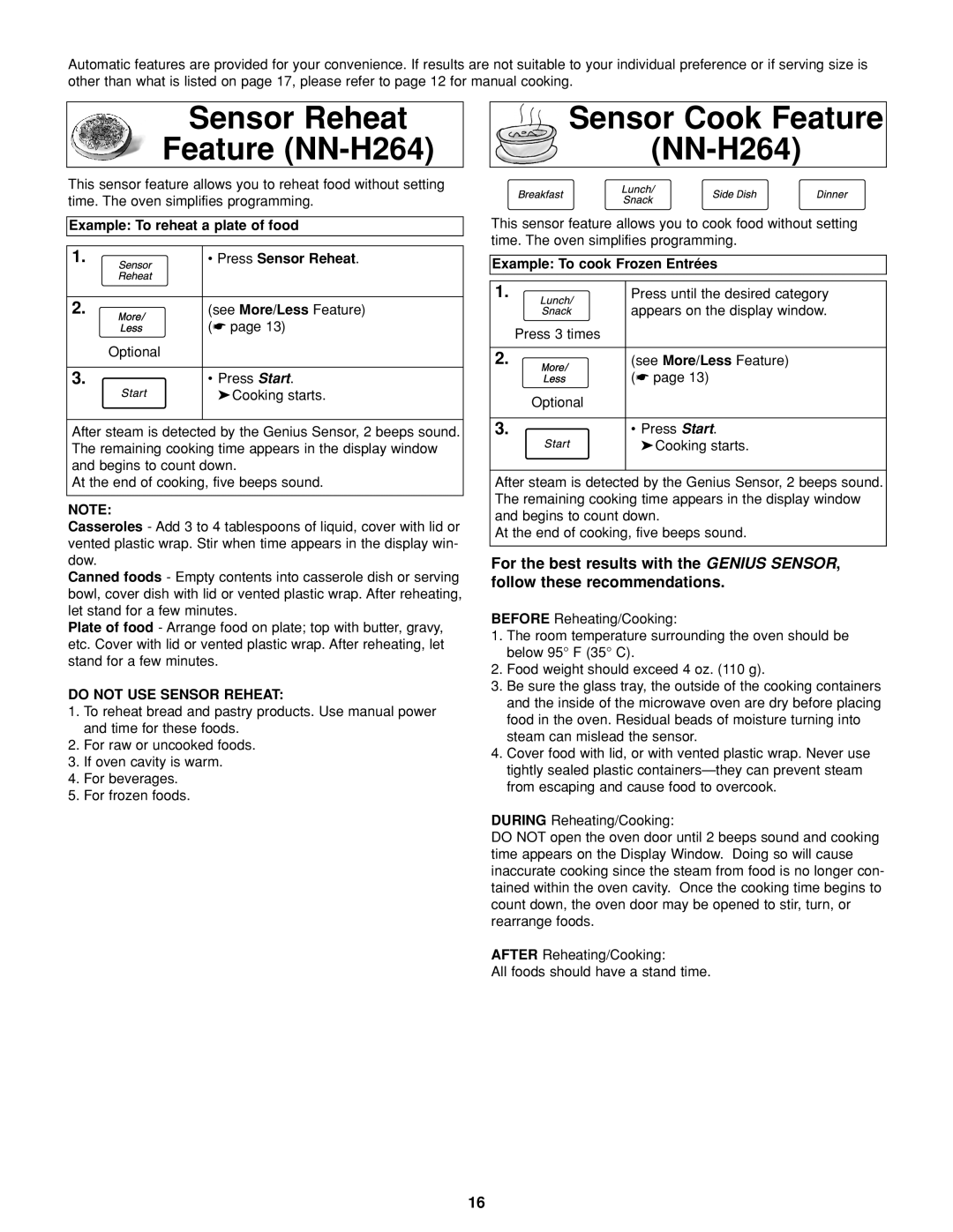 Panasonic Sensor Reheat Feature NN-H264 Sensor Cook Feature, Example To reheat a plate of food Press Sensor Reheat 