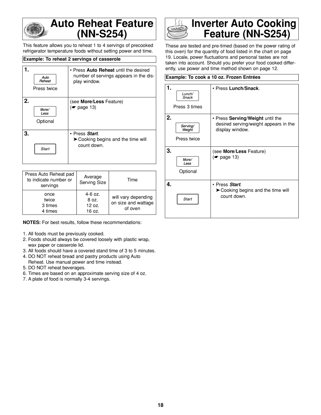 Panasonic NN-H264 important safety instructions Auto Reheat Feature NN-S254, Example To reheat 2 servings of casserole 