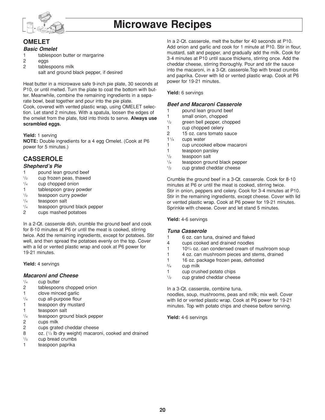 Panasonic NN-H264 important safety instructions Microwave Recipes, Omelet, Casserole 