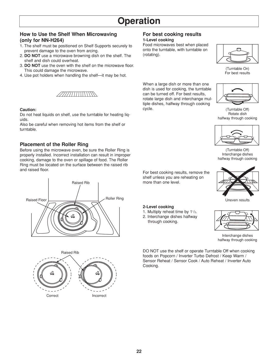 Panasonic Operation, How to Use the Shelf When Microwaving only for NN-H264, For best cooking results, Level cooking 