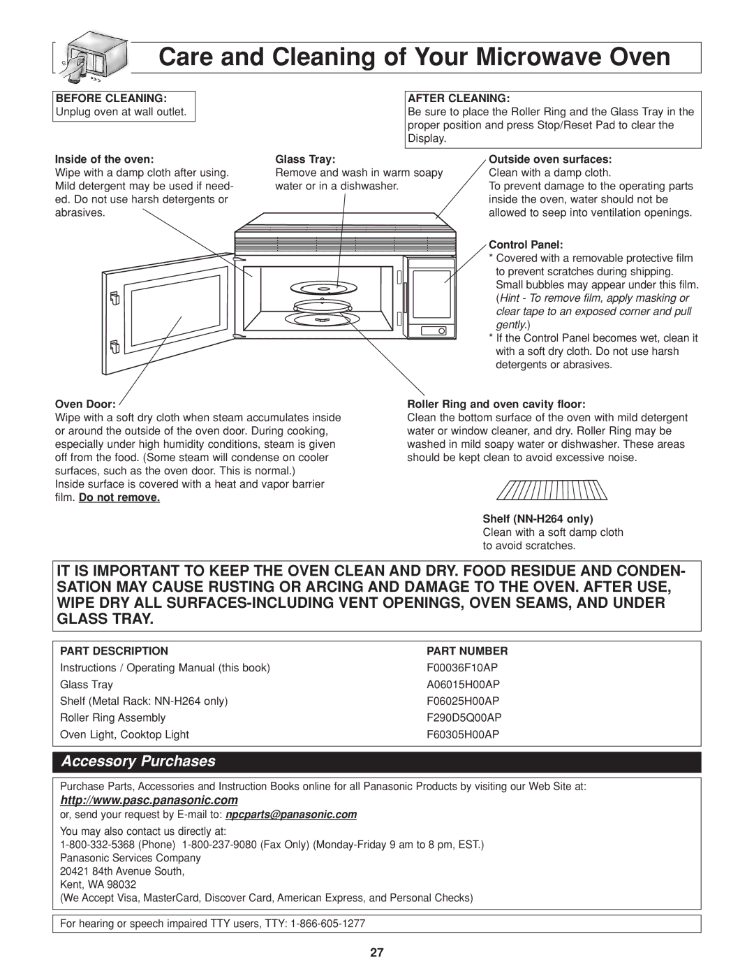 Panasonic NN-H264 Care and Cleaning of Your Microwave Oven, After Cleaning, Part Description Part Number 